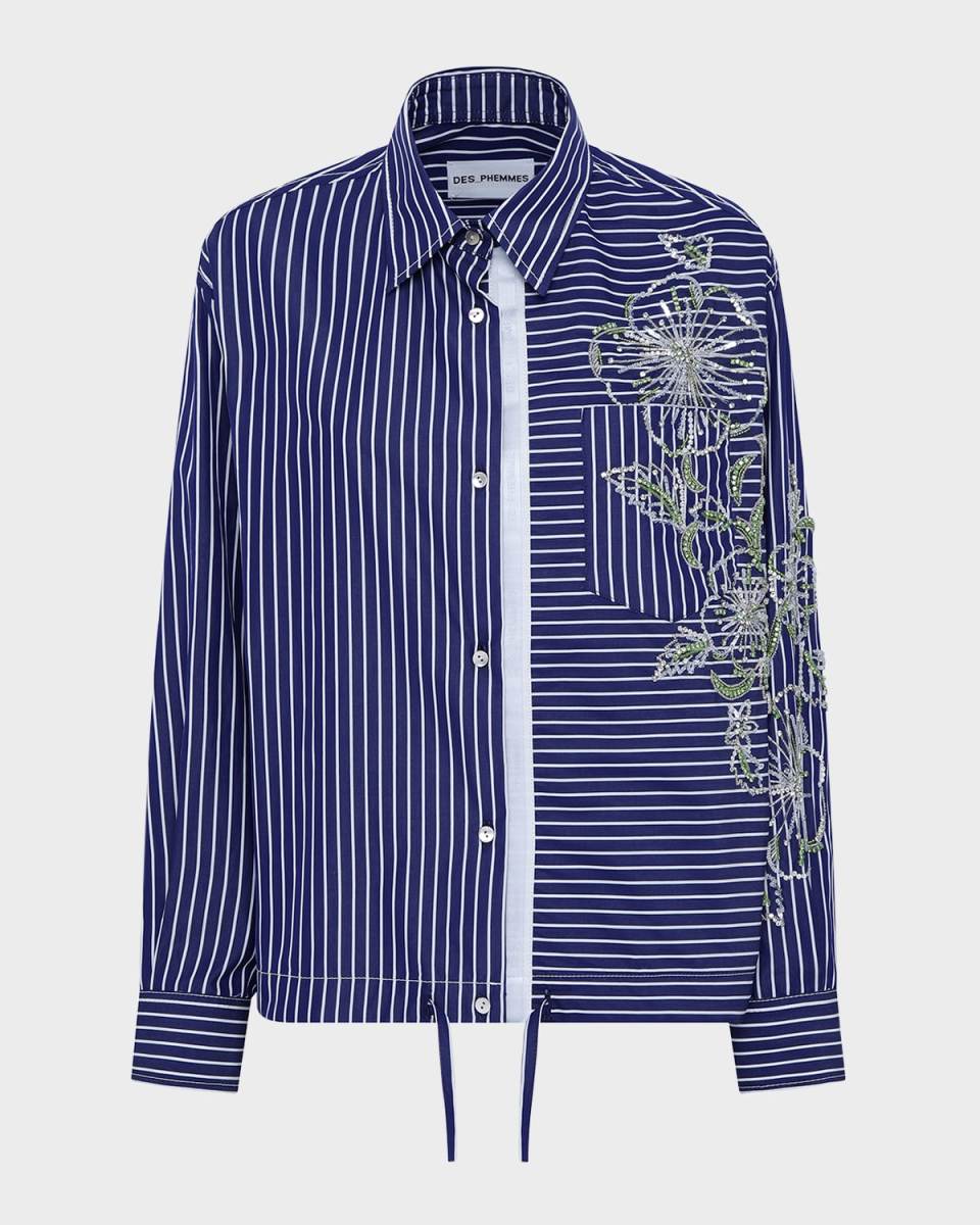 Hibiscus Embroidered Stripe Shirt